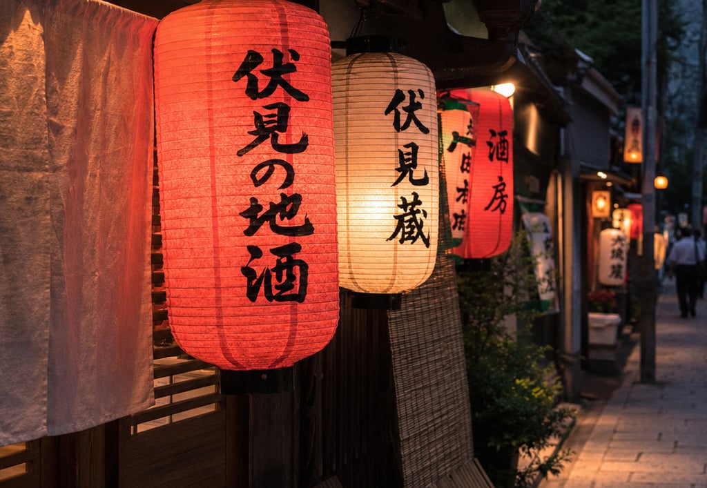 Traditional red and white Japanese paper lanterns with calligraphy glowing outside a restaurant in Kyoto at night.