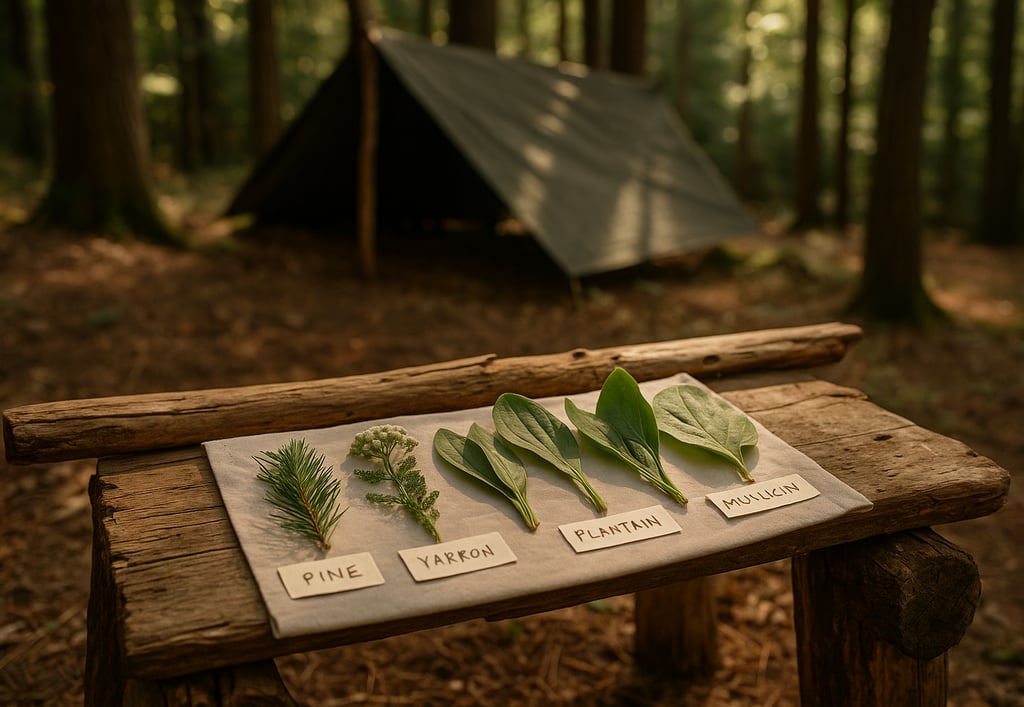 Table showing labeled edible leaves near tarp shelter teaching plant identification and safe foraging in survival