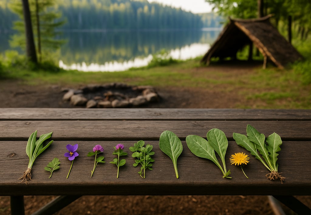 Selection of wild edible plants and herbs arranged on picnic table beside forest shelter