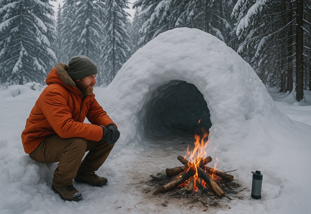 Survivor sheltering by snow cave and fire in freezing forest, cold weather survival and winter emergency prep
