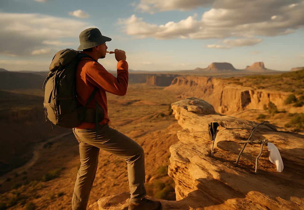 Hiker signaling from desert cliff with reflective blanket and backpack nearby