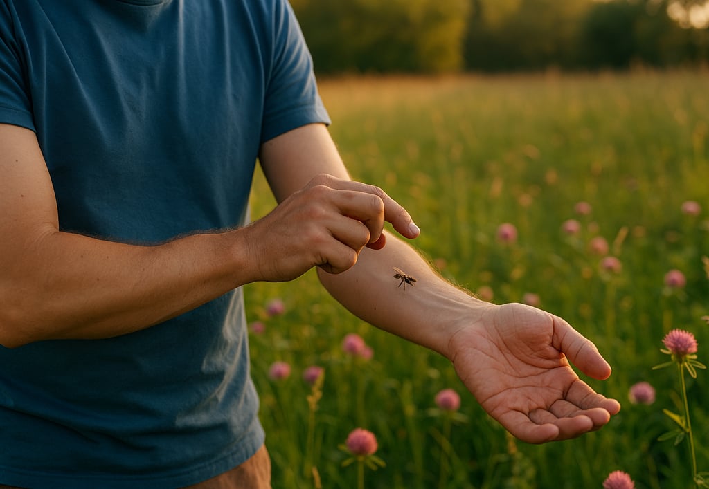 Man reacting to insect sting or bee landing on arm during outdoor survival situation