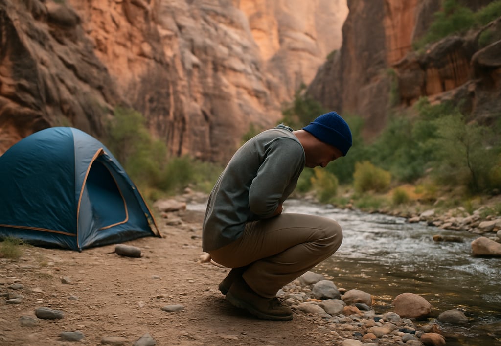 Camper crouched near canyon stream holding his stomach in visible discomfort, near tent in rugged canyon & wilderness setting