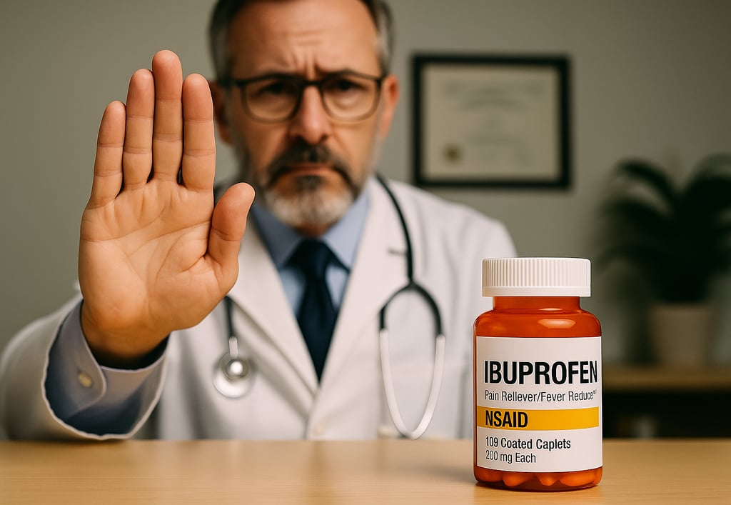 Doctor holding up hand in a stop gesture with an ibuprofen bottle on the desk.