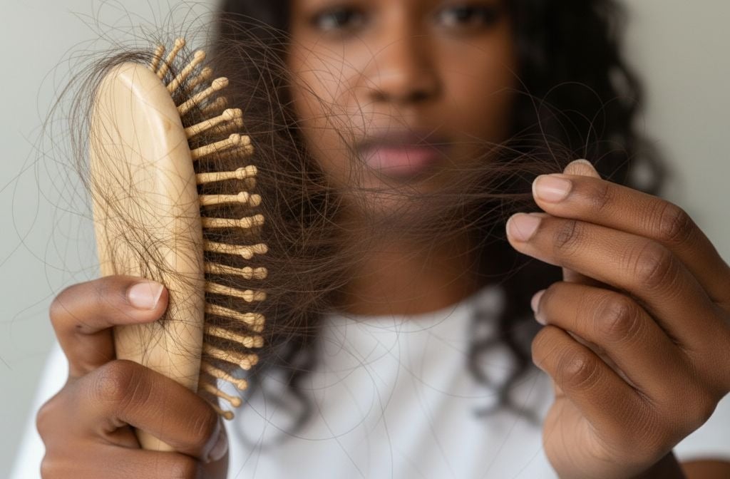 Black woman experiencing hair loss holding brush with fallen hair traction alopecia specialist Chadw