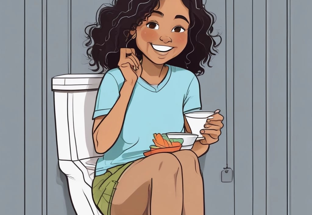Smiling cartoon woman with curly hair sitting on a toilet while eating snacks and drinking coffee.