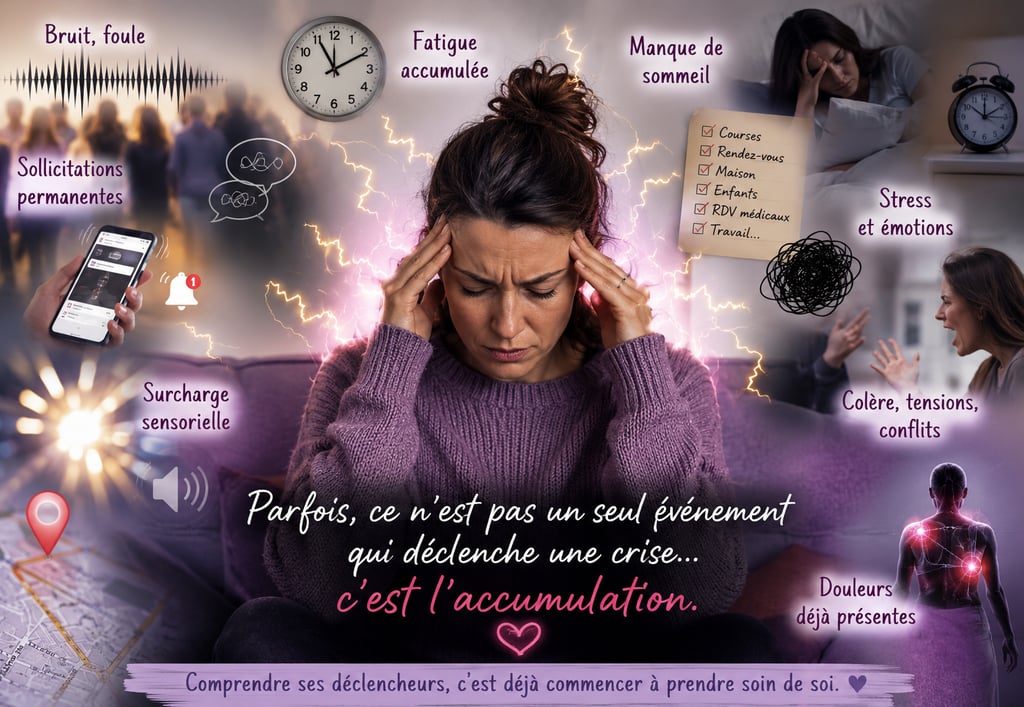 Personne atteinte de fibromyalgie assise avec les mains sur les tempes