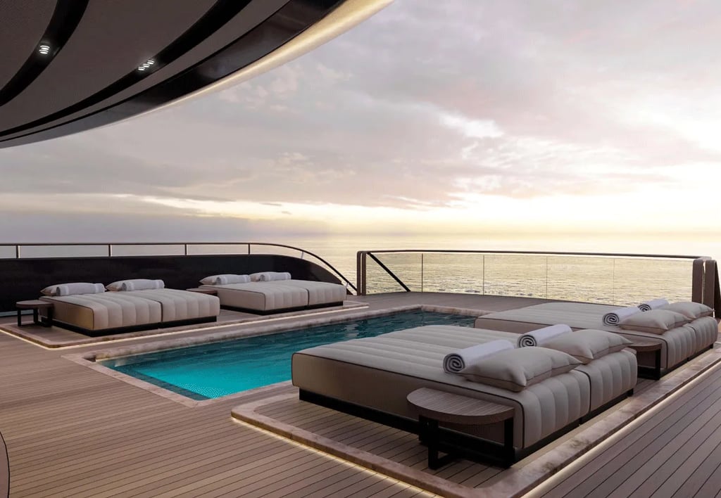 Luxury pool deck on Rise superyacht by Olesinski at sunset.