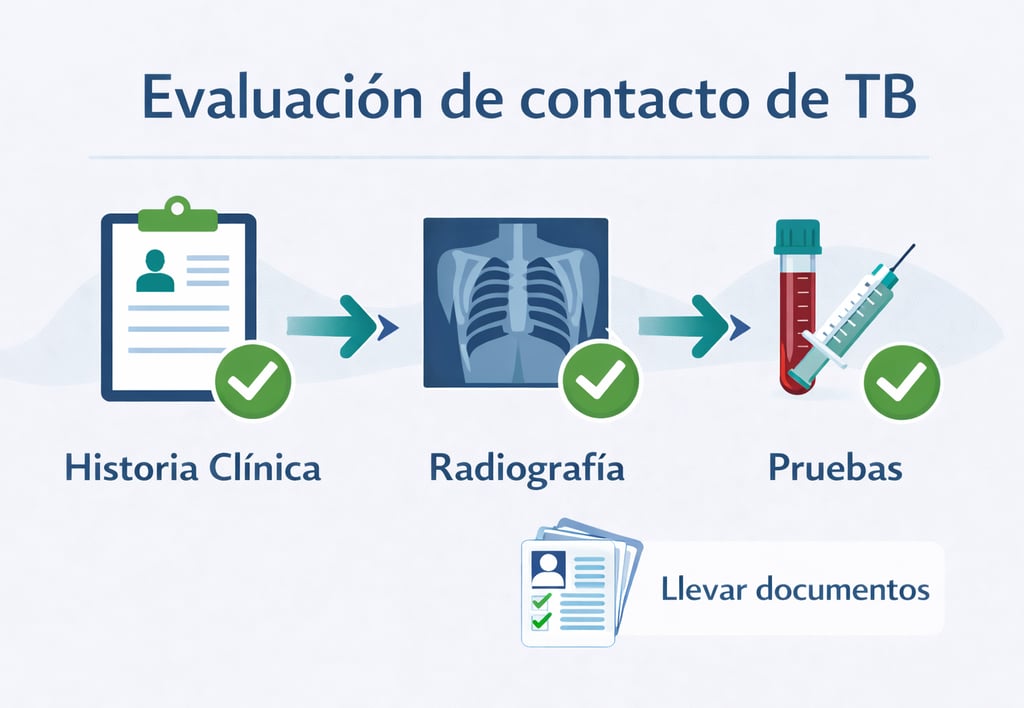 Diagrama del proceso de evaluación médica para contactos de tuberculosis incluyendo pruebas