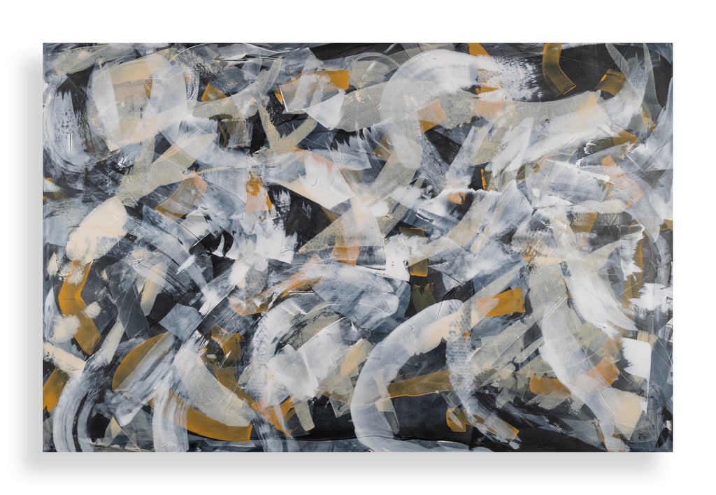 Abstract painting featuring bold white, grey, and yellow brushstrokes on a black canvas.