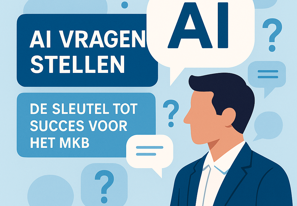 MKB-ondernemer met laptop stelt AI vragen, omringd door chatbubbels en AI-symbolen.