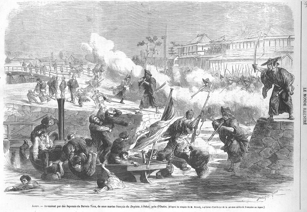 堺事件でフランス水兵と武士が衝突する様子を描いた挿絵｜出典：Le Monde Illustré（1868年掲載挿絵）｜堺市のニュースならサカイタイムズ