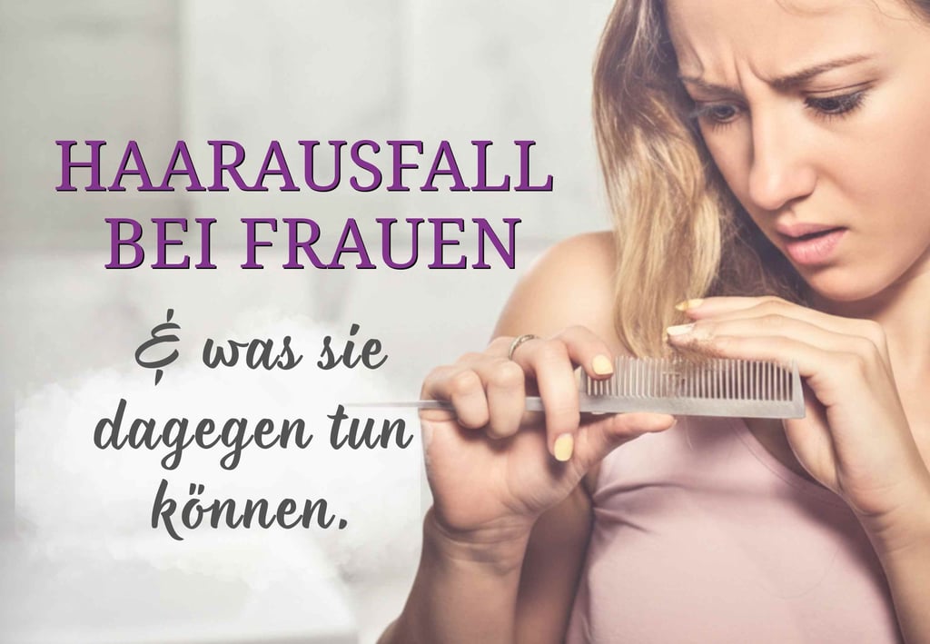 Worried woman looking at hair loss on a comb with text about female hair loss solutions.