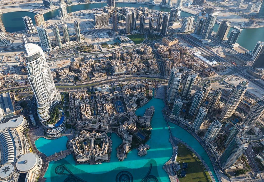 Aerial view of Dubai city from the top of a tower