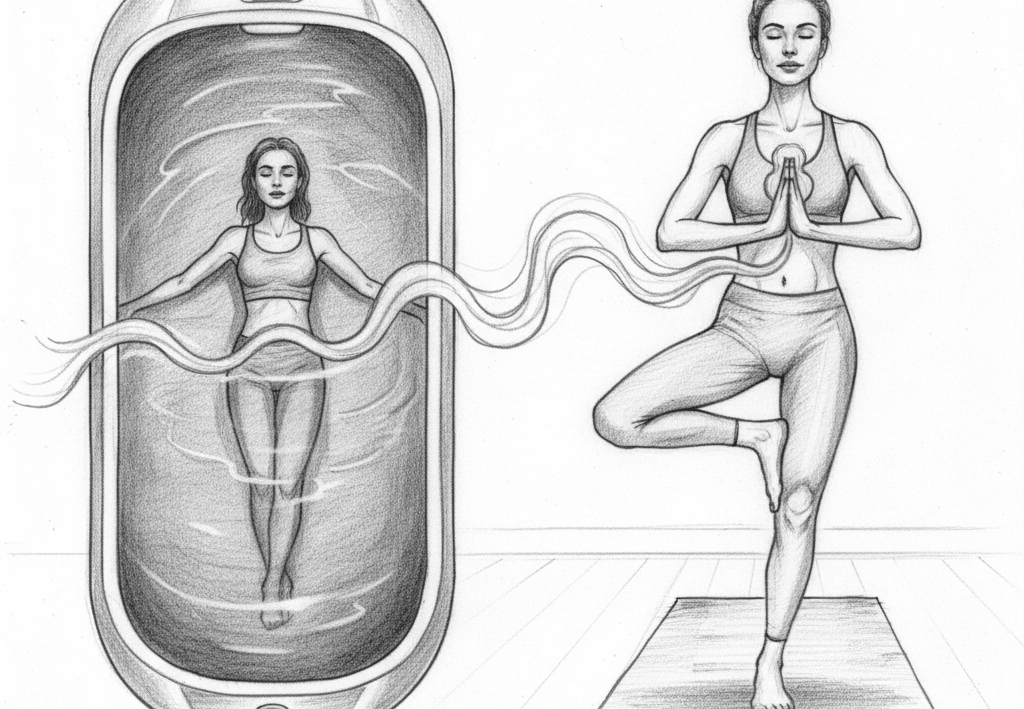 слева женщина с закрытыми глазами спокойно лежит во флоатинг-капсуле, её тело расслаблено. Справа та