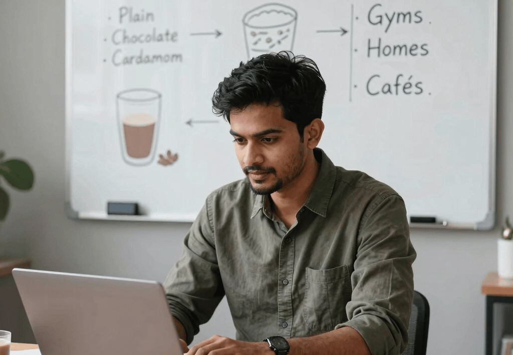 A businessman works on a laptop in front of a whiteboard showing product target market strategy.