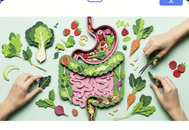 Paper art illustration of a digestive system surrounded by healthy vegetables for gut health and nutrition.