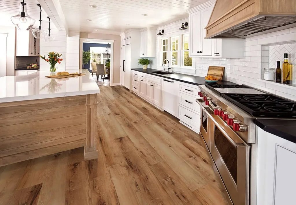 Luxury vinyl plank flooring in a modern kitchen offering waterproof durability and wood-look style.
