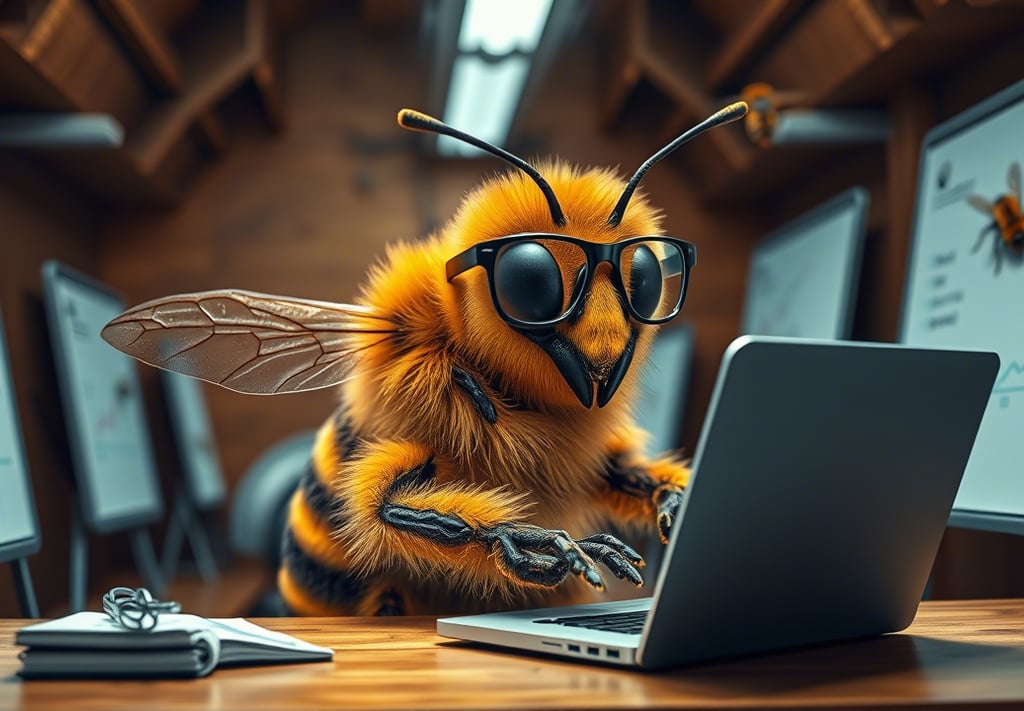 an animated bee sitting at a desk typing on a laptop.