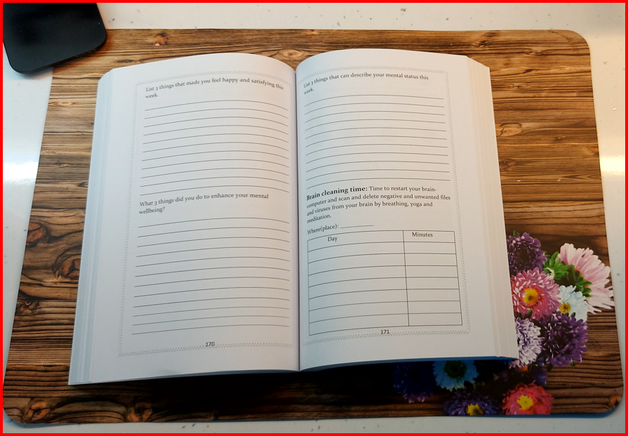 Two pages from a mental health journal with prompts