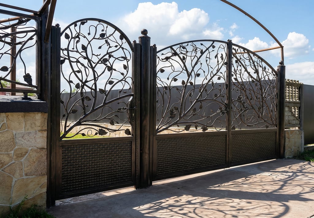 Ornate wrought iron gate with a decorative vine and leaf design installed on a stone wall.