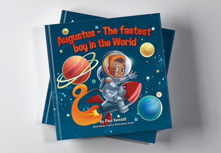 Augustus The Fastest Boy in the World children's book cover featuring a young astronaut on a rocket in space.