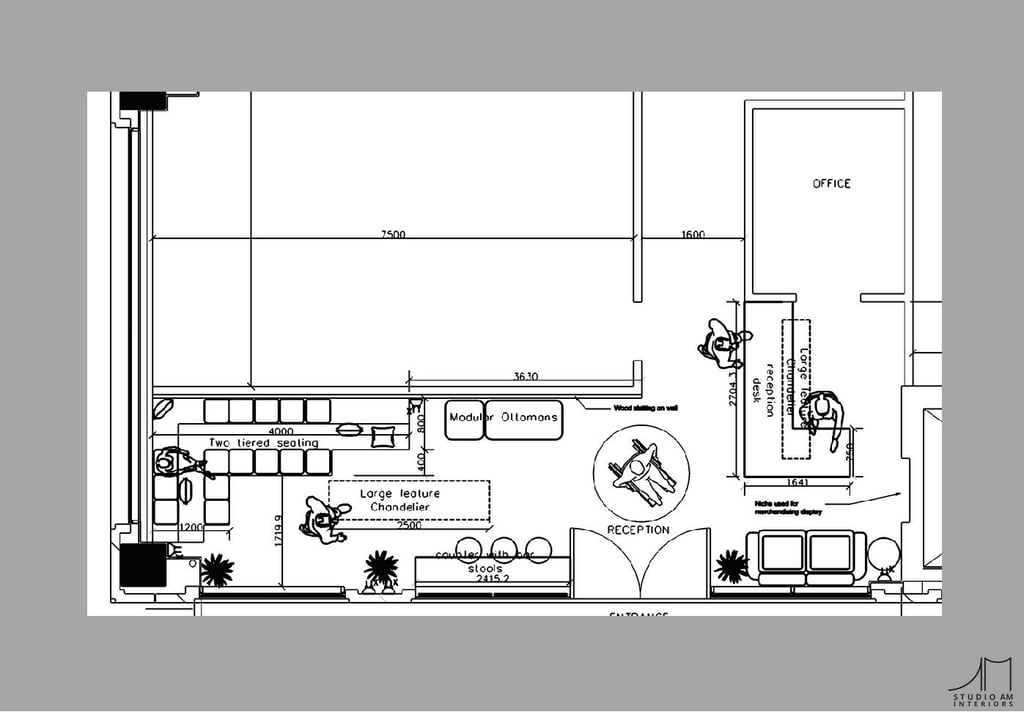 a drawing of a waiting area with seating and reception desk