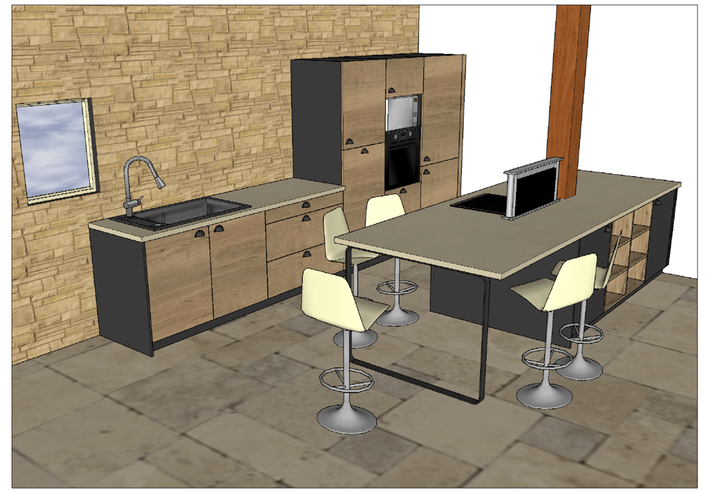 Maquette 3D d'agencement de cuisine selon les choix d’équipements et de matières des clients.