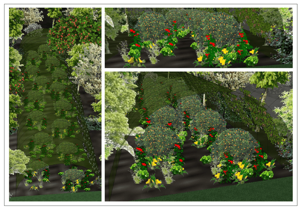 Maquettes 3D d'un futur jardin maraîcher (intérieur des serres).
