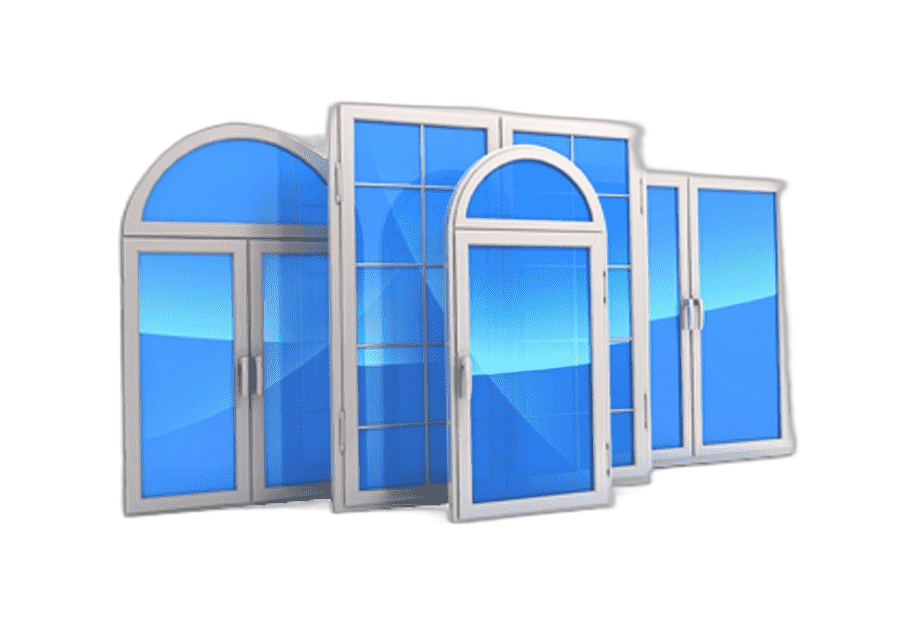 a group of three open windows with blue and white windows