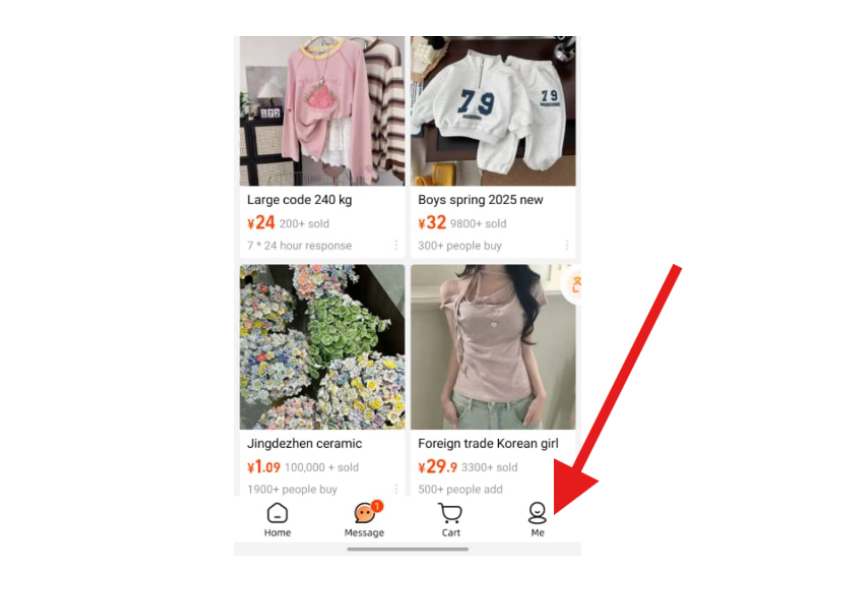 A mobile e-commerce app interface showing product listings and navigation bar with a red arrow pointing to the profile icon