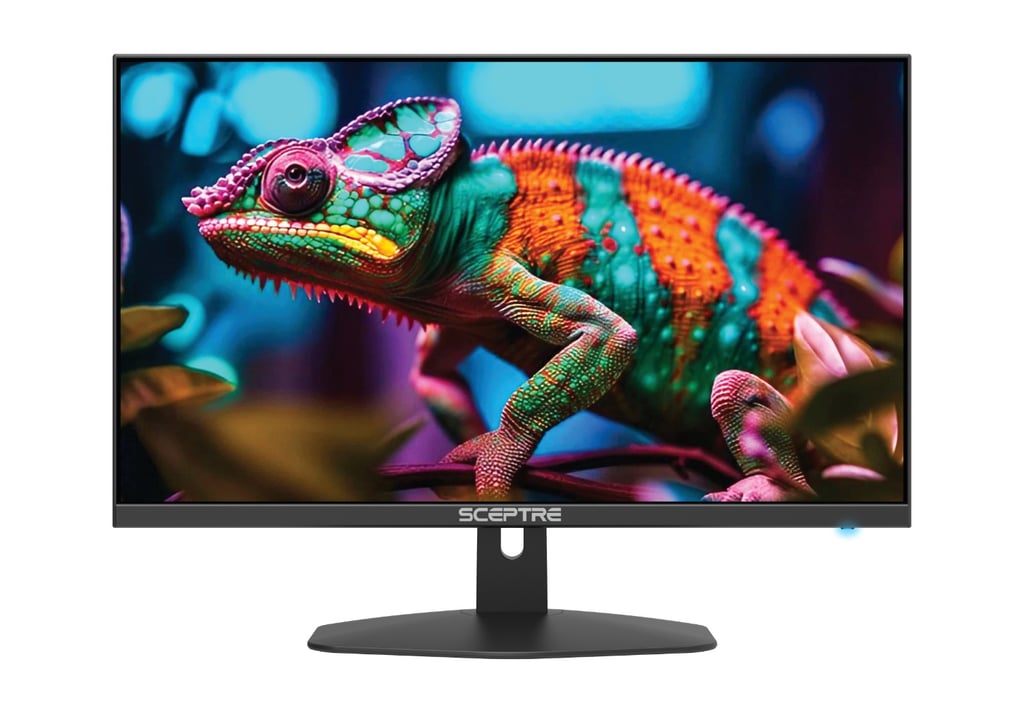 Sceptre ultra-thin LED monitor displaying a colorful chameleon on a slim bezel screen.