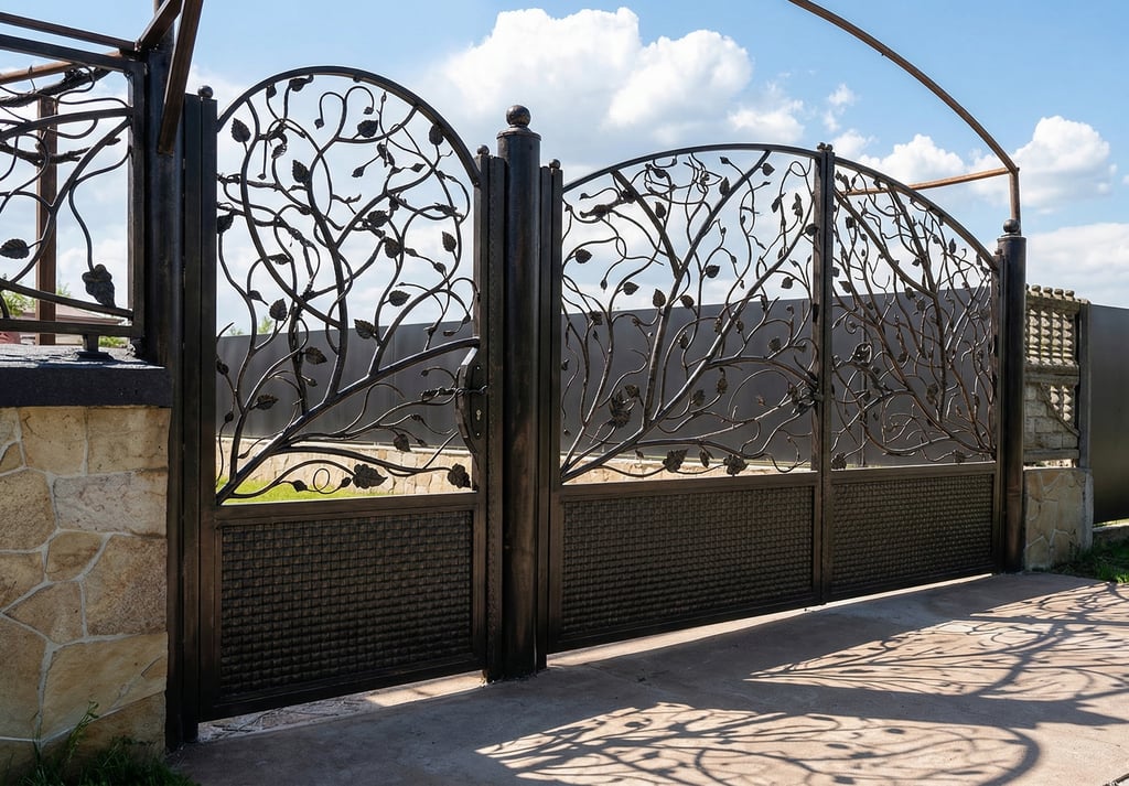 Ornate wrought iron gate with a decorative vine and leaf design installed on a stone driveway.