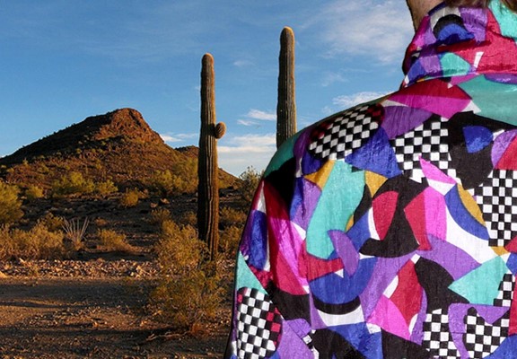 Contemporary artwork of a man wearing a retro windbreaker in the desert, L.V. Ferrer mallmagick.com