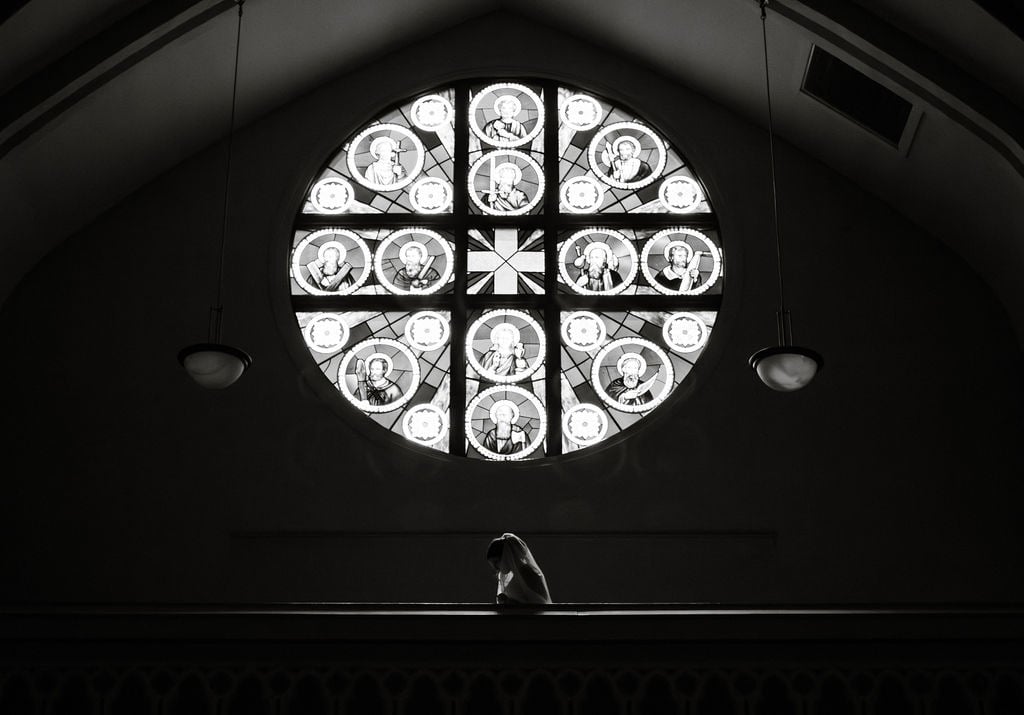 St. Patrick Co-Cathedral, bridal portrait, black and white, stained glass, Billings Catholic wedding