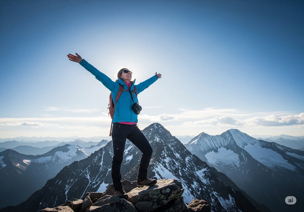 Female hiker with a backpack cheering on a snowy mountain summit during a sunny day of hiking.