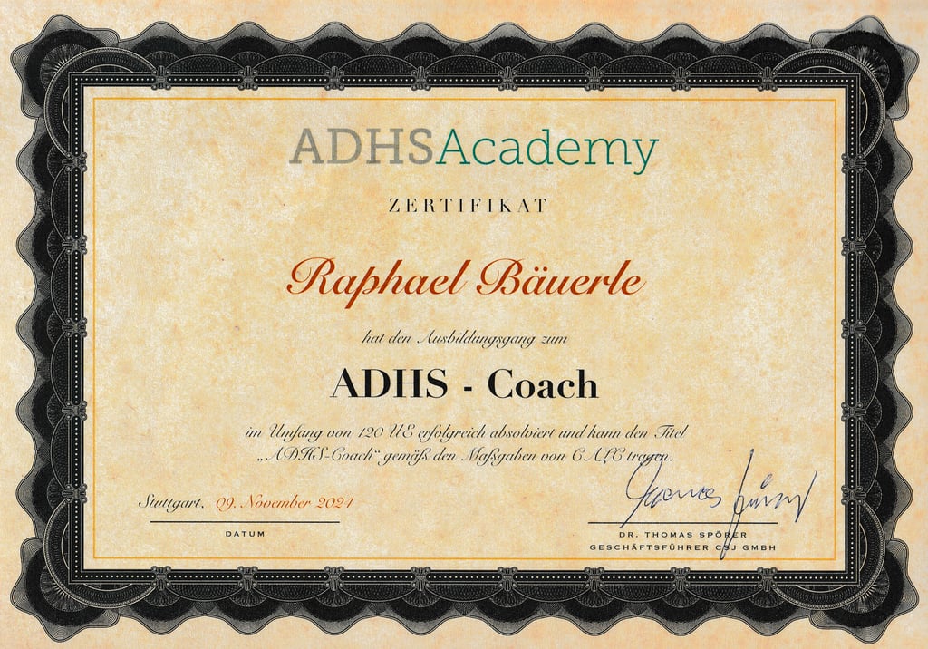 Zertifikat als zertifizierter ADHS-Coach – Nachweis über absolvierte Ausbildung