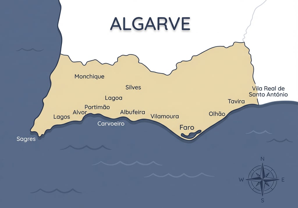 Map of Algarve Portugal featuring coastal towns Lagos, Faro, Albufeira, and Sagres.
