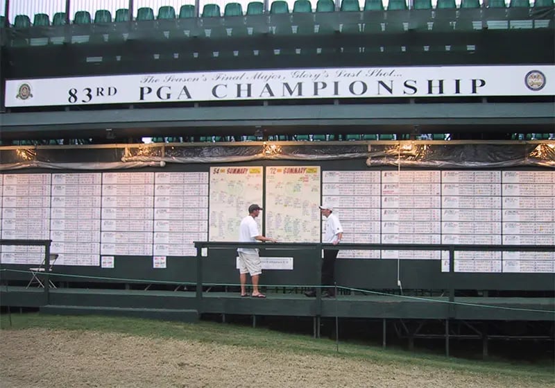 Casey standing in front of his scoreboard at the 83rd PGA Championship.