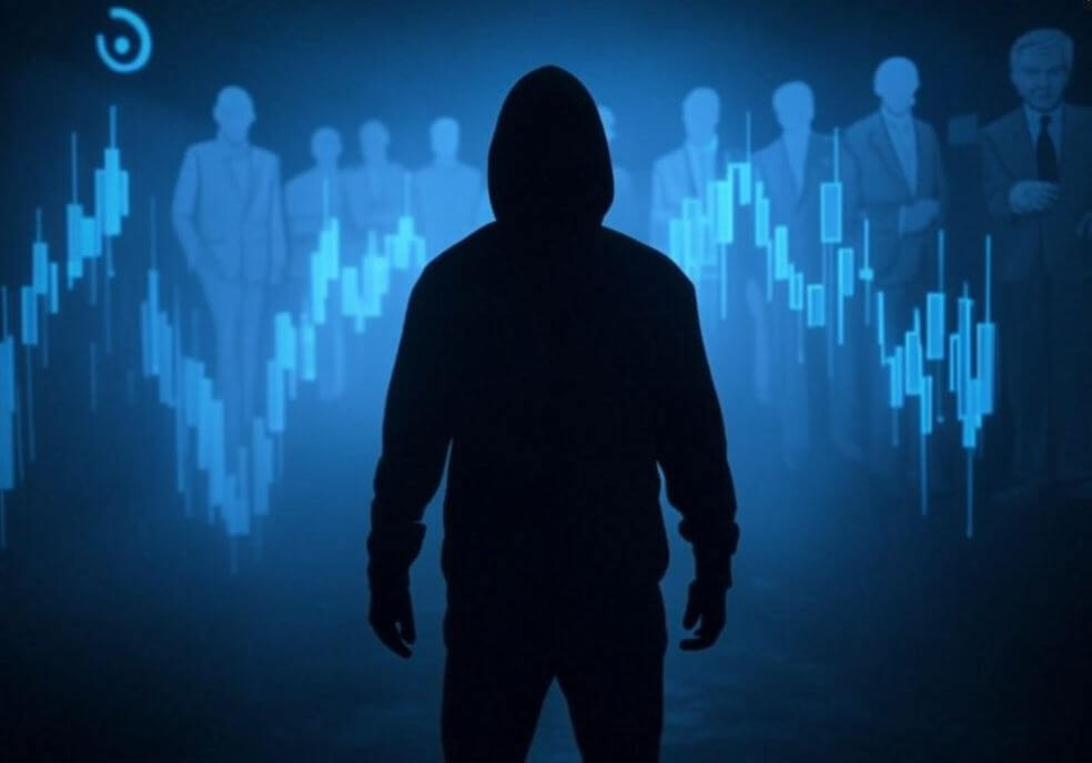 a person in a hoodie standing in front of a wall with a blue background