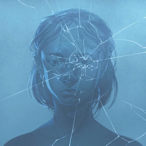 Surreal blue digital art of a woman's portrait seen through a cracked mirror surface.