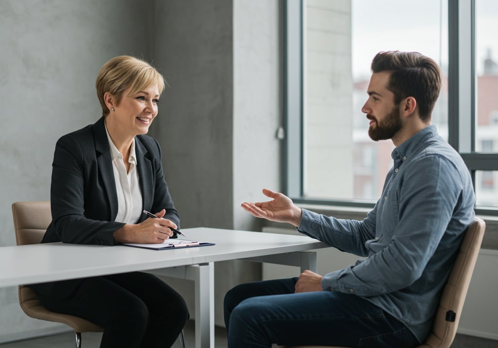 Professional interviewer observing candidate's body language.