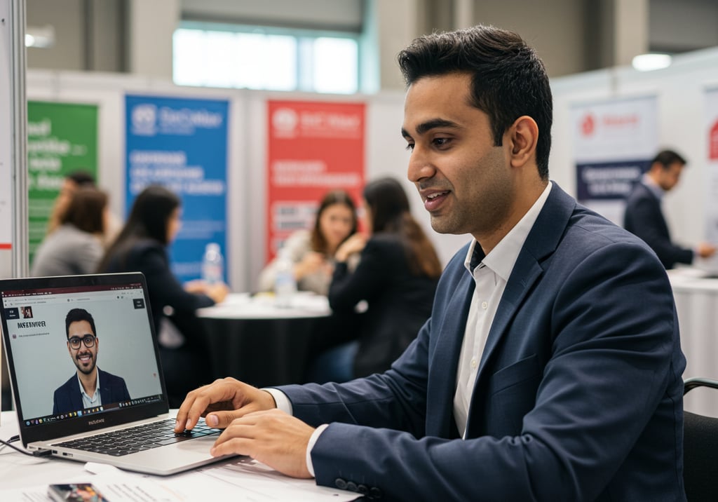a professional engaging in a virtual interview during a career fair.