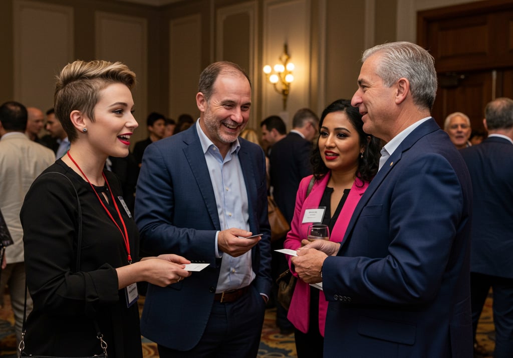 Diverse professionals connecting at an event, with animated conversation and business card exchanges