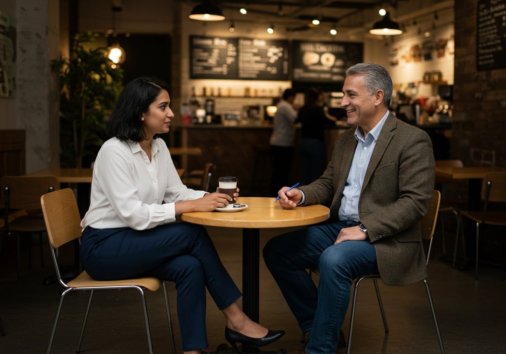 Two professionals engaged in an informational interview in a casual coffee shop setting.