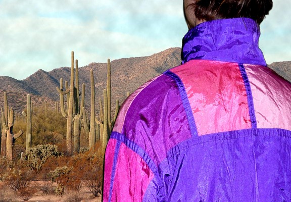 Contemporary photography a man wearing retro windbreaker in the desert, L.V. Ferrer mallmagick.com