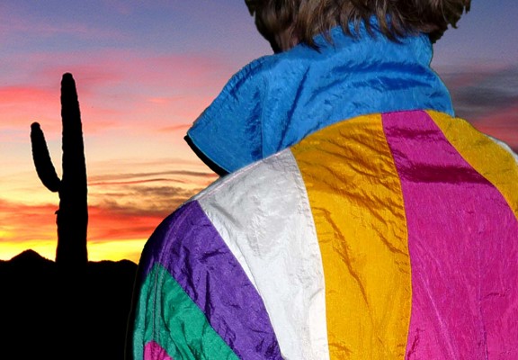 Contemporary artwork of a man wearing a retro windbreaker in the desert with a beautiful sunset