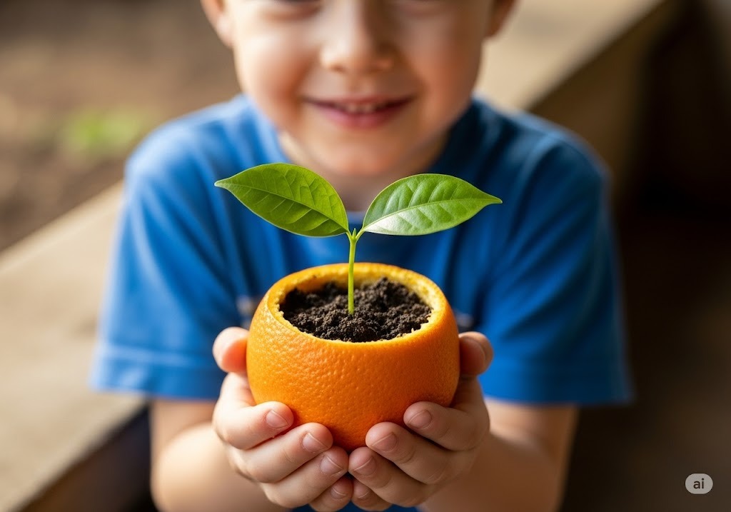 Niño aprendiendo biodiseño en escuela con maceta de naranja.