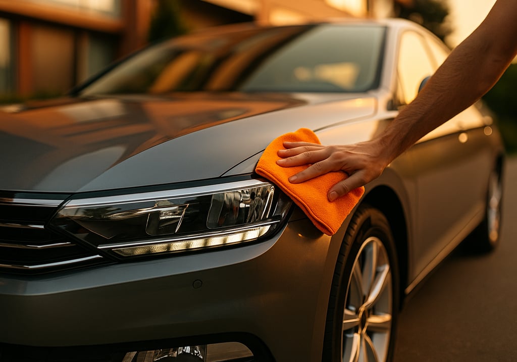 Carro metálico cinza sendo polido à mão com pano de microfibra laranja ao pôr do sol