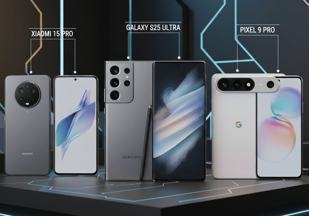 uma exposição de uma variedade de smartphones e smartphones